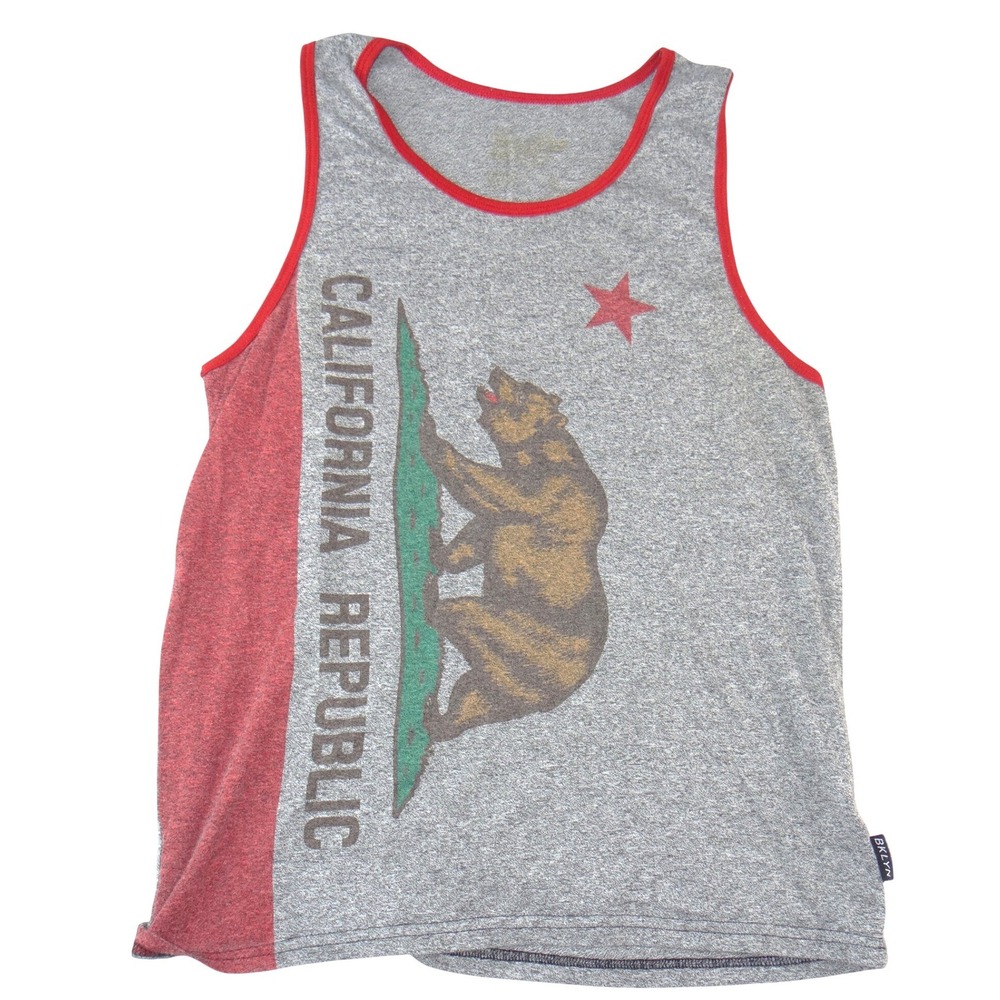 California Republic Mens Graphic Tank Top Grey Red Bear Ringer Shirt Large